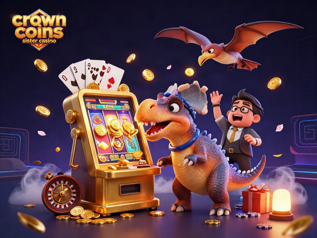 Crown coins sister casino scene depicts a pachycephalosaurus winning jackpot coins from a slot machine.