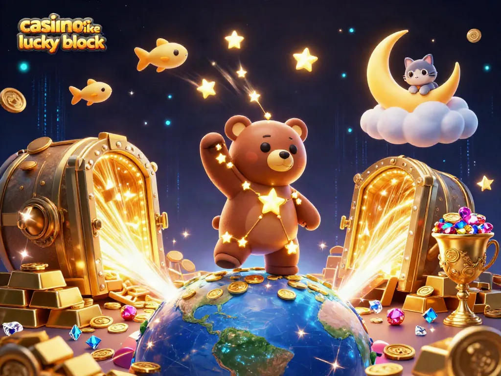 Engage with casinos like lucky block through an enchanting 3D scene of golden treasures and celestial characters.