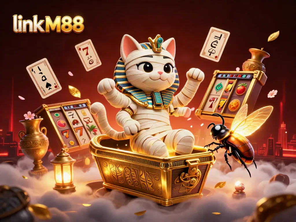 Experience thrilling action in link M88 with a vibrant illustration featuring an Egyptian mummy cat and slot reels.