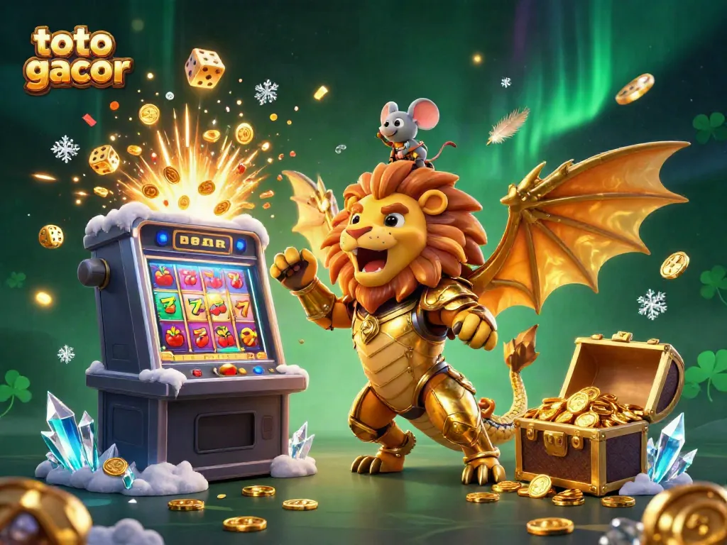 Experience thrilling wins with toto gacor as a golden chimera and mouse jockey celebrate amidst a dynamic casino scene.