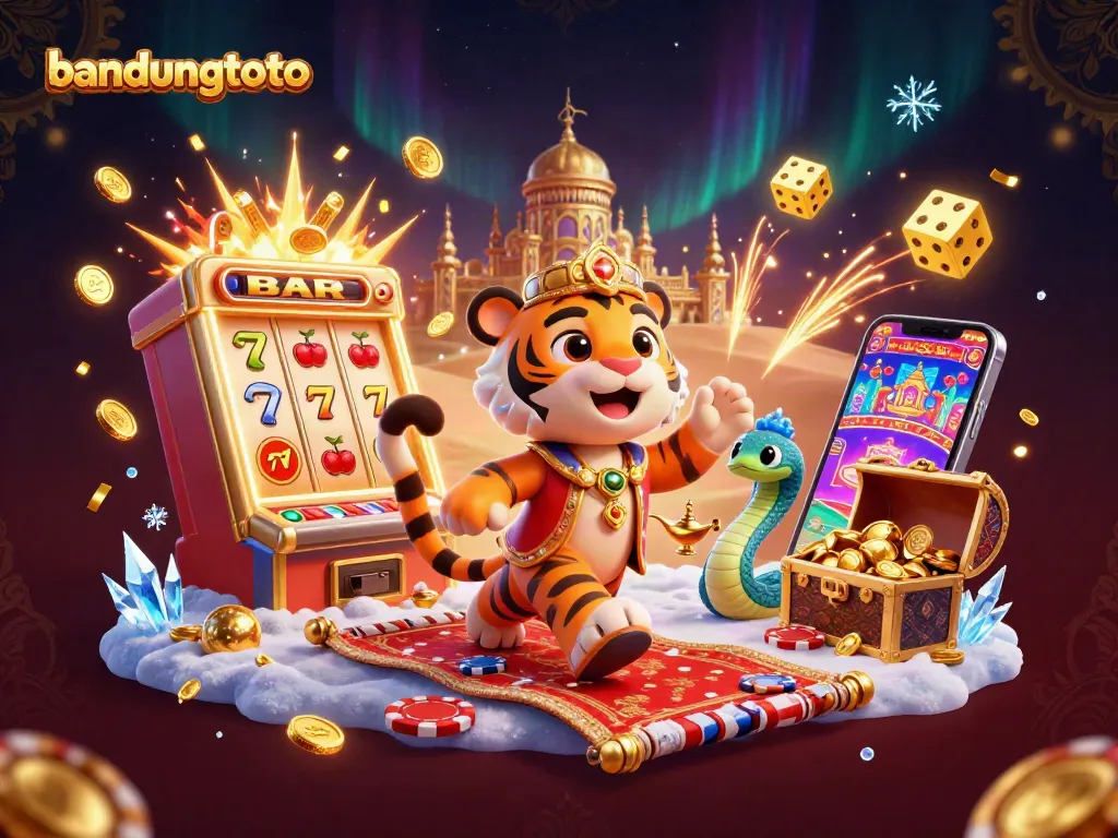 Experience bandungtoto's vibrant online gaming excitement with a colorful display of slots, coins, and casino elements.