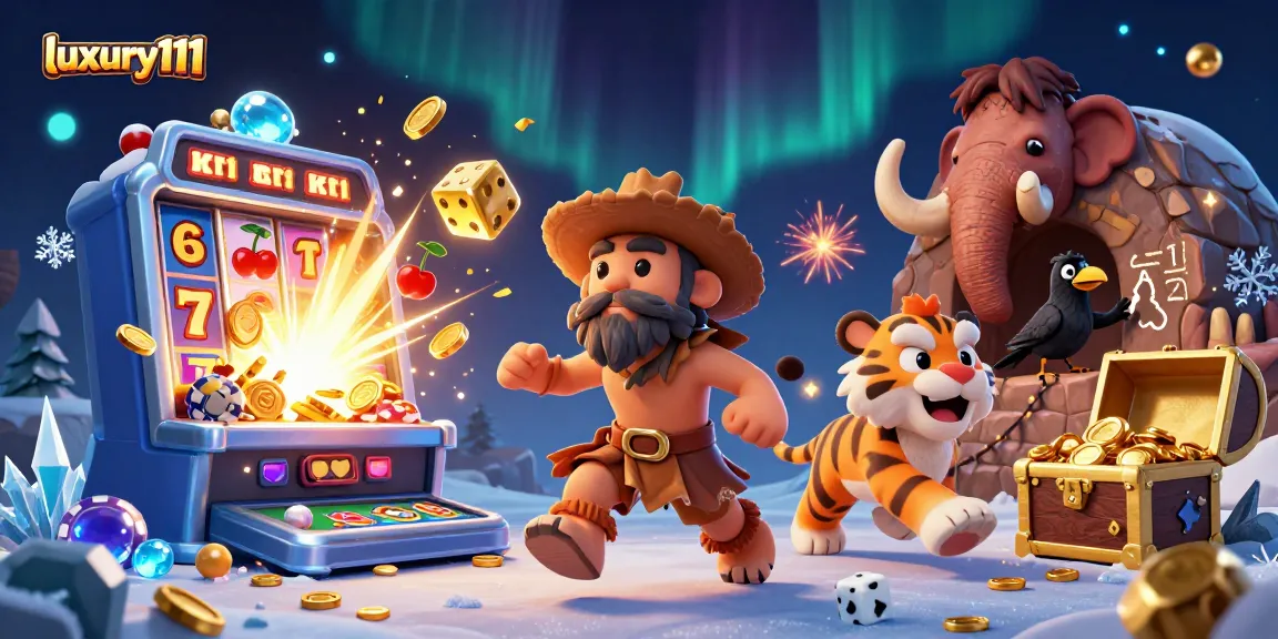 Experience thrilling gaming at luxury111 with a vibrant prehistoric casino scene featuring characters and fun casino elements.