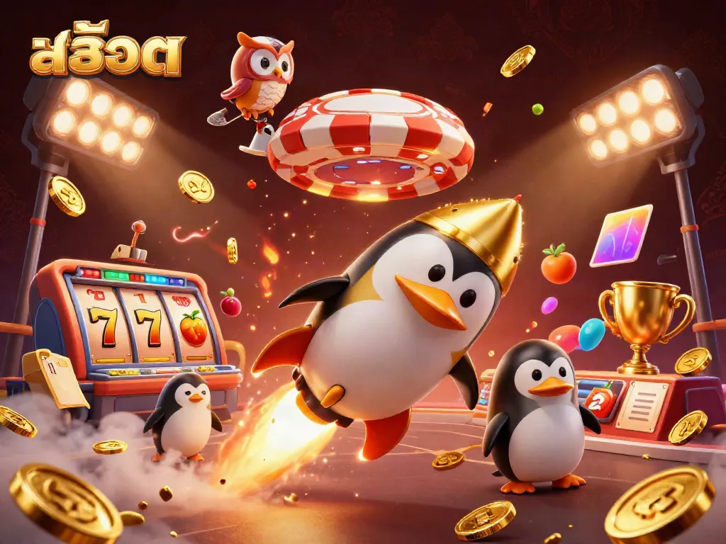 Experience the excitement of สล็อต with a golden penguin and casino-themed elements in a vibrant space scene.