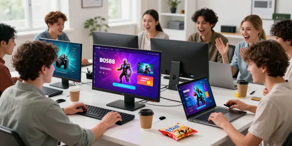 Shoppers engaging with BOS88 game products in a vibrant online store environment.