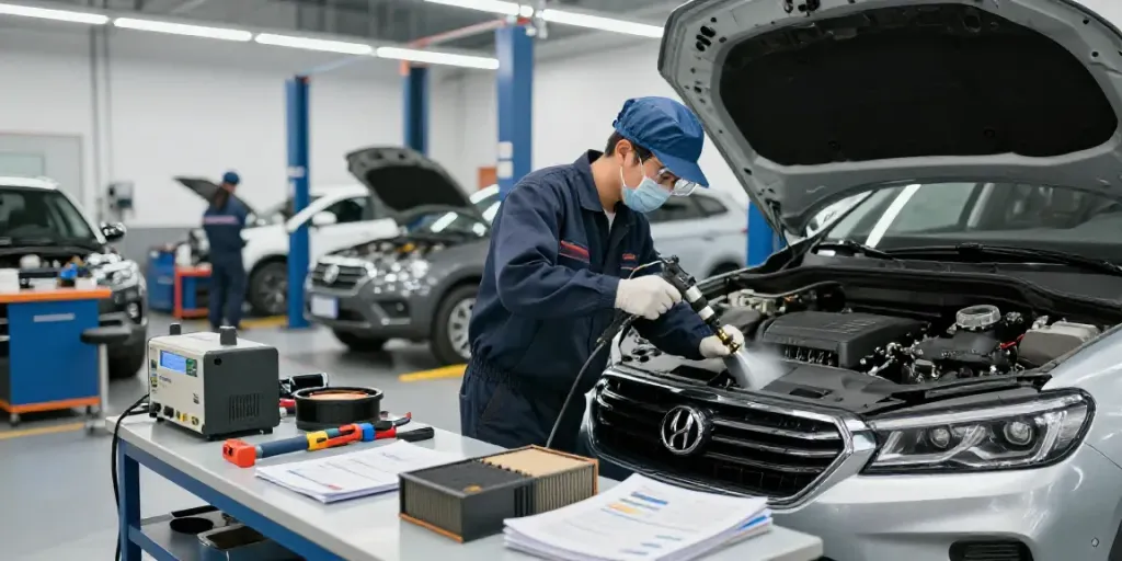 DPF Reinigung Hannover in a professional automotive service center.