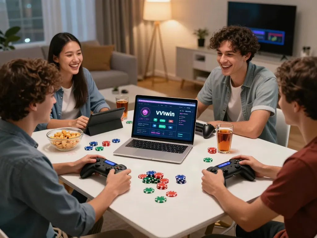 Nhóm bạn trò chuyện vui vẻ trong phòng chơi game với VVVwin.