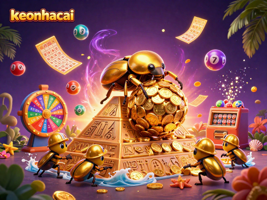 Join the celebration of keonhacai with vibrant lottery symbols and a golden beetle in a dynamic casino scene.