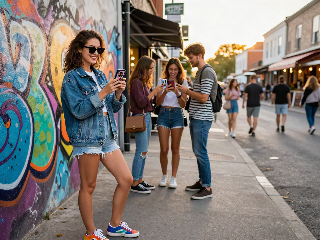 Young woman enjoying a fun moment with her friends using a celebrity look-alike app while dressed in stylish urban fashion.