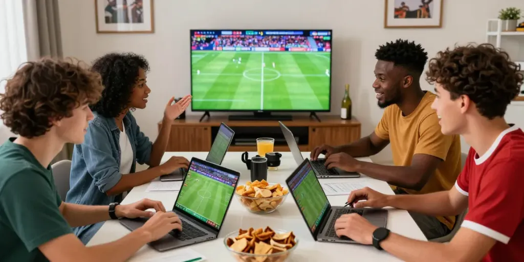 Dynamic sports betting scene with friends analyzing WWBOLA odds and statistics