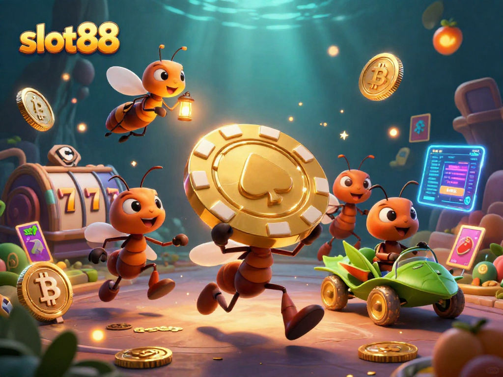 Experience the excitement of slot88 with dynamic 3D ants carrying a giant poker chip.