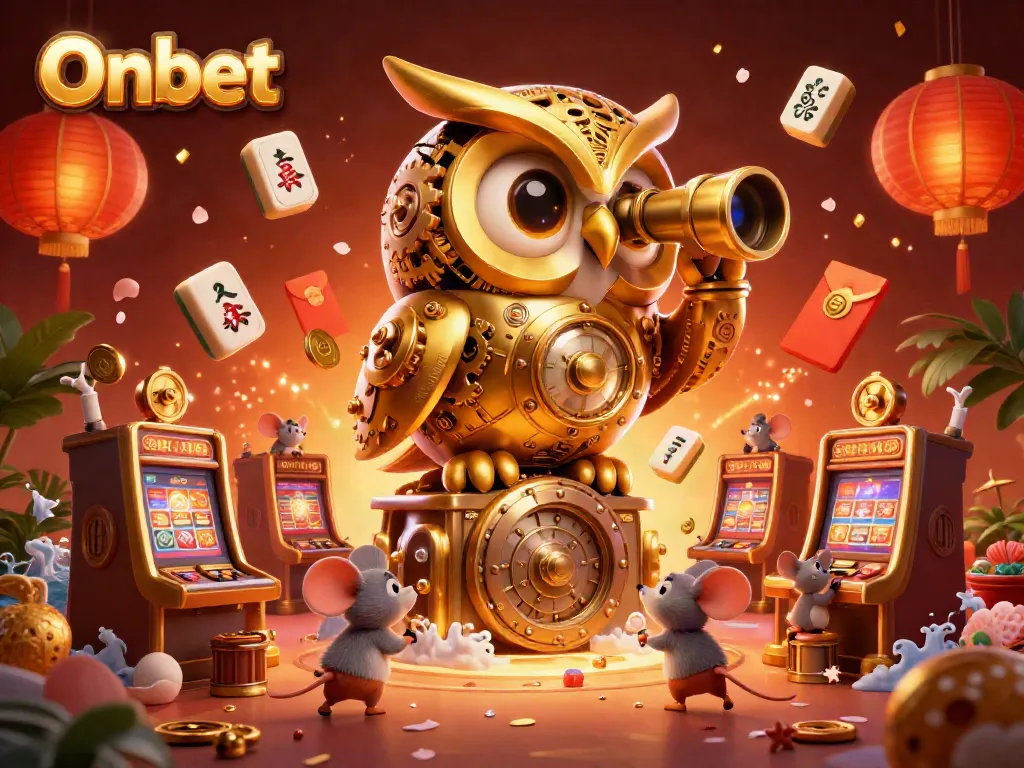 Experience online gaming excitement with Onbet featuring a 3D golden owl and lively casino atmosphere.