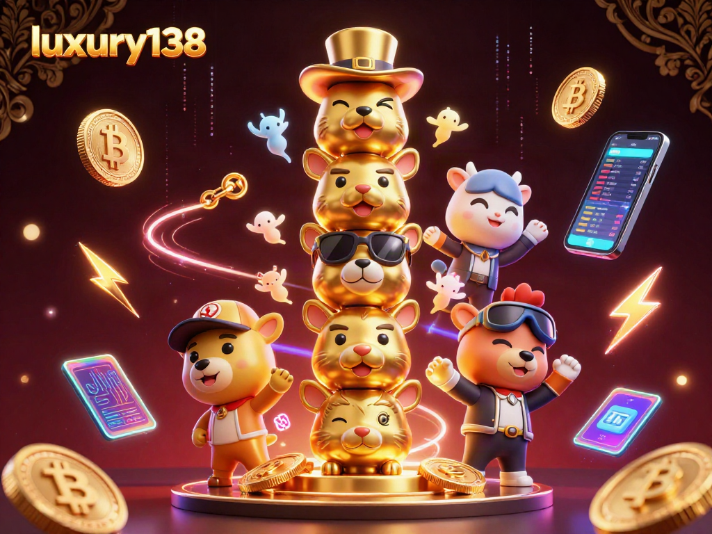 Menggali pengalaman permainan di luxury138 melalui ilustrasi kasino yang memikat, menampilkan karakter unik dan elemen kripto.