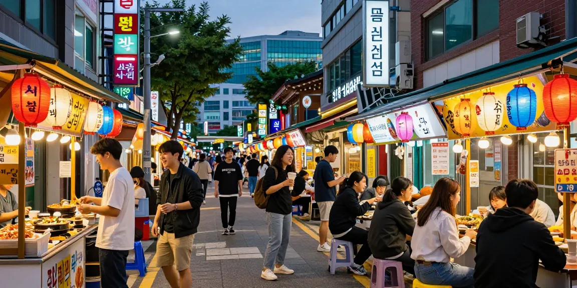 창원 상남동OP 지역에서 친구들이 전통 길거리 음식을 즐기고 있는 모습