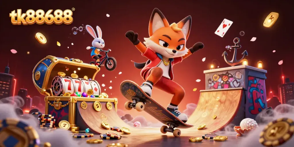 Engaging skateboarding scene with vibrant casino elements showcasing tk88688's thrilling gameplay