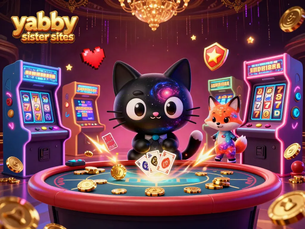 Engage with yabby sister sites in a vibrant cosmic casino scene featuring unique characters and game elements.