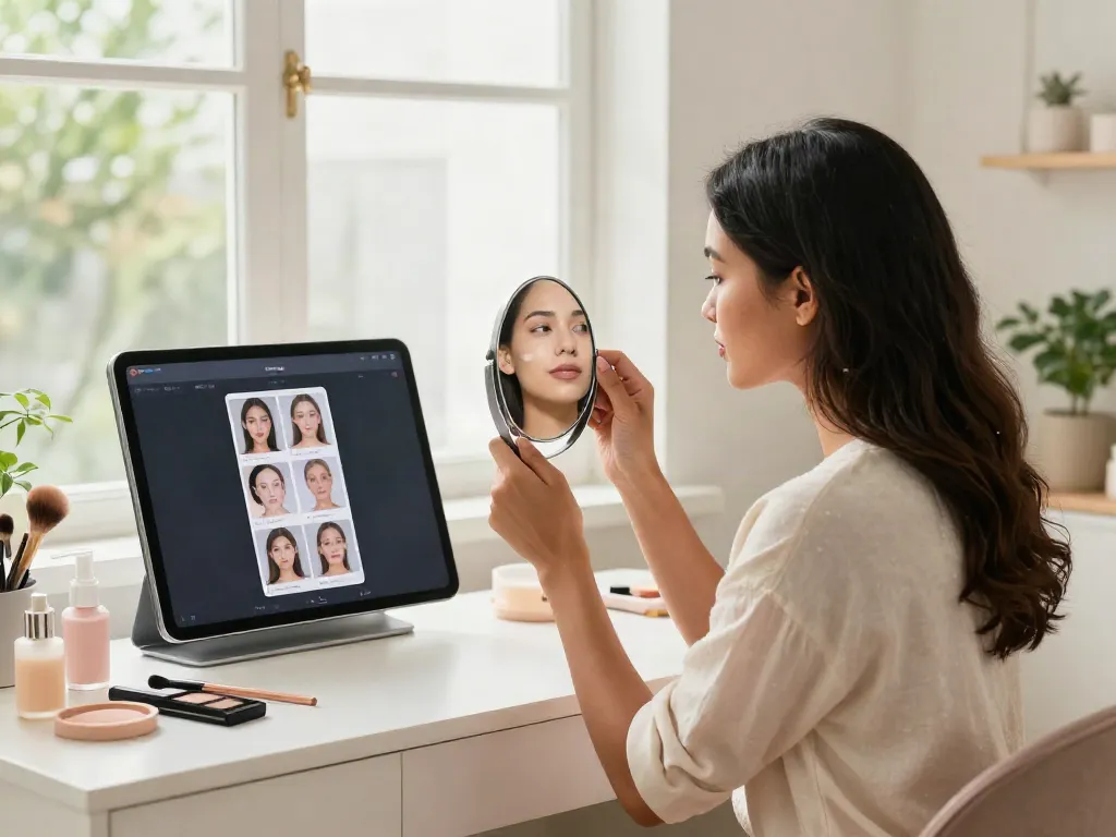 Alternatives to QOVES shown in a beauty consultation scene with a diverse woman at a well-lit vanity.