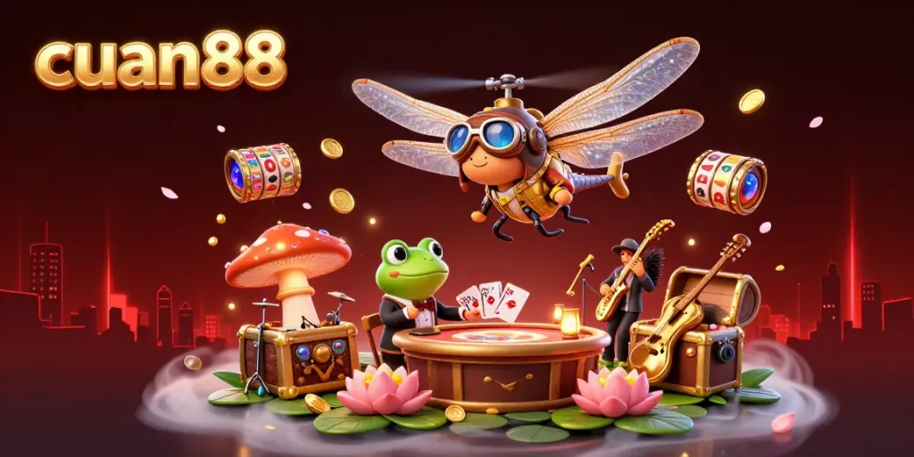 Join the excitement of cuan88 in a vibrant 3D casino scene with a dragonfly pilot, frog dealer, and more.
