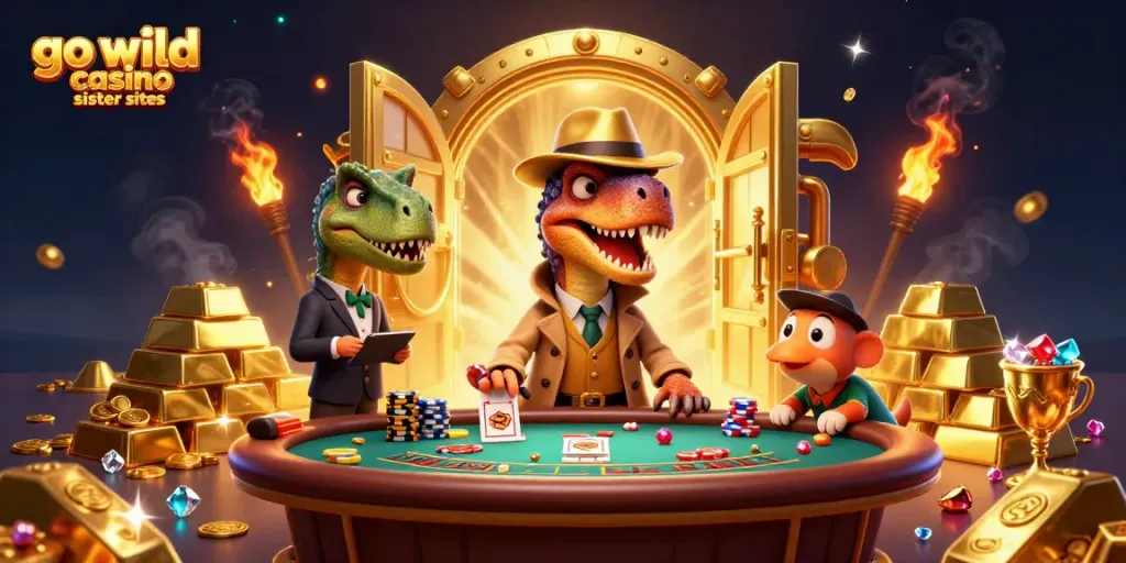 Win big at go wild casino sister sites with cartoon dinosaurs at a blackjack table.