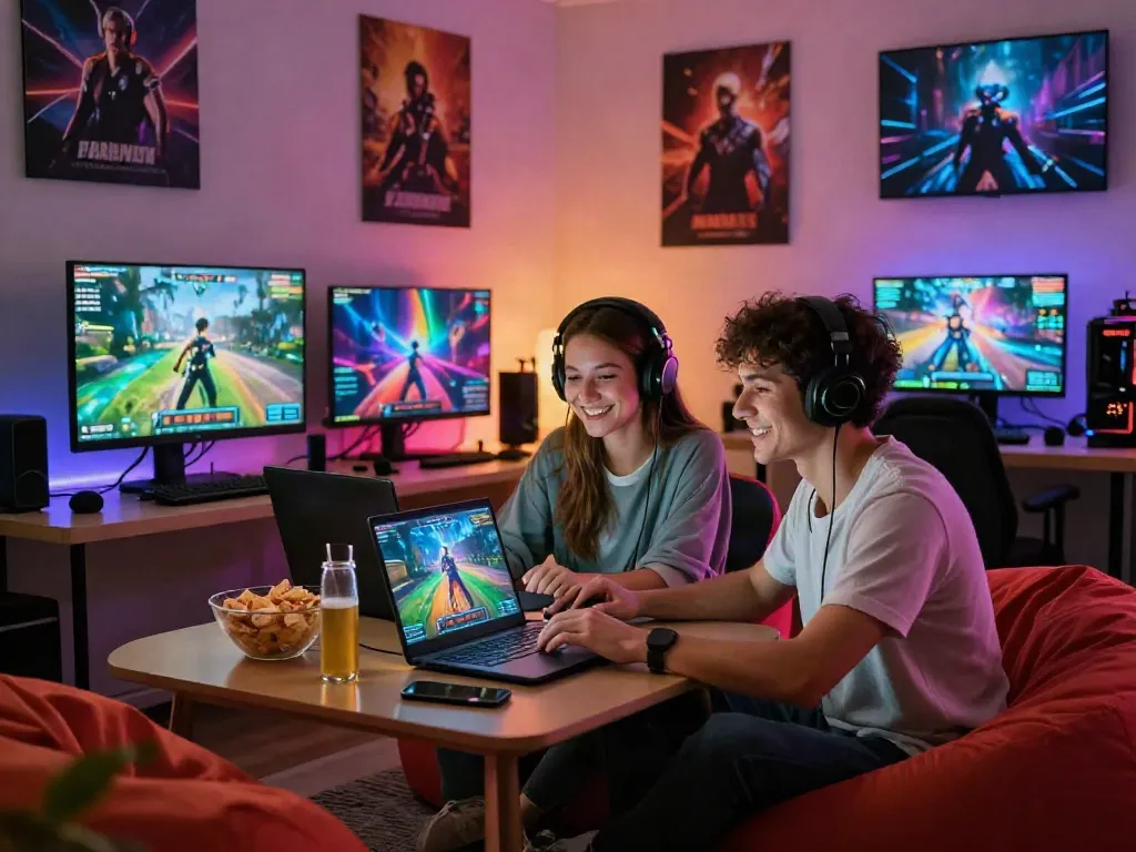 bro138 players enjoying a vibrant digital-first gaming experience in a cozy gaming room