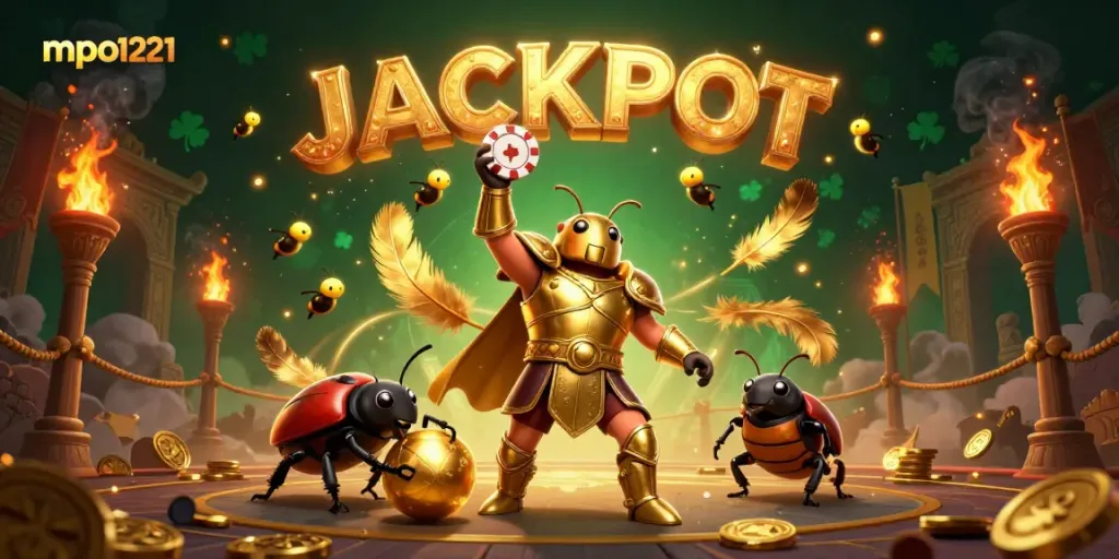 Join the adventure of mpo1221 as a heroic beetle lifts a poker chip in a vibrant casino setting.