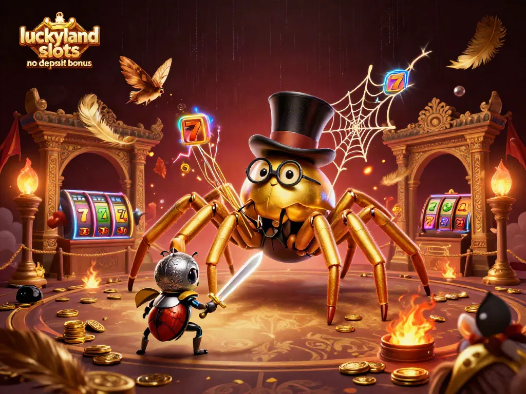 Engage in excitement with the luckyland slots no deposit bonus, featuring a golden tarantula in a casino scene.