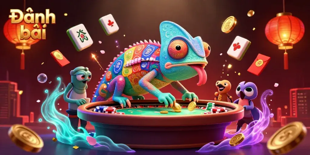 Engage in Đánh bài action with a colorful chameleon casino owner in motion.