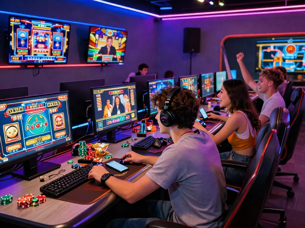 Pengalaman bermain king128 di ruang permainan online yang penuh warna, dengan pemain yang terlibat dan suasana yang mendebarkan.