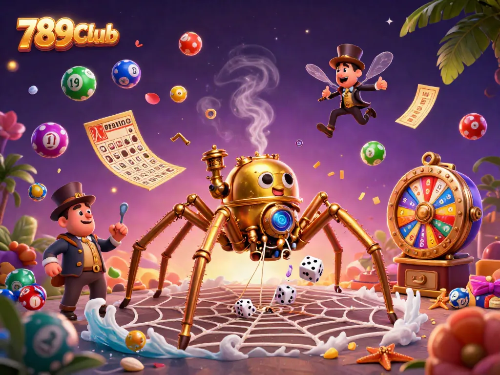 Engage with 789Club's thrilling world featuring a steampunk spider and dynamic casino elements.