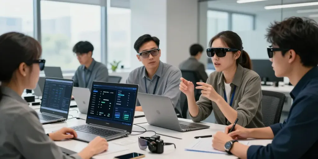 Smart glasses discussion at a modern workspace highlighting privacy concerns, bedfordsocialclub.com featured prominently.