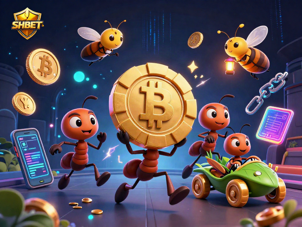 SHBET showcases a gambling heist scene with cartoon ants, vibrant coins, and casino elements.