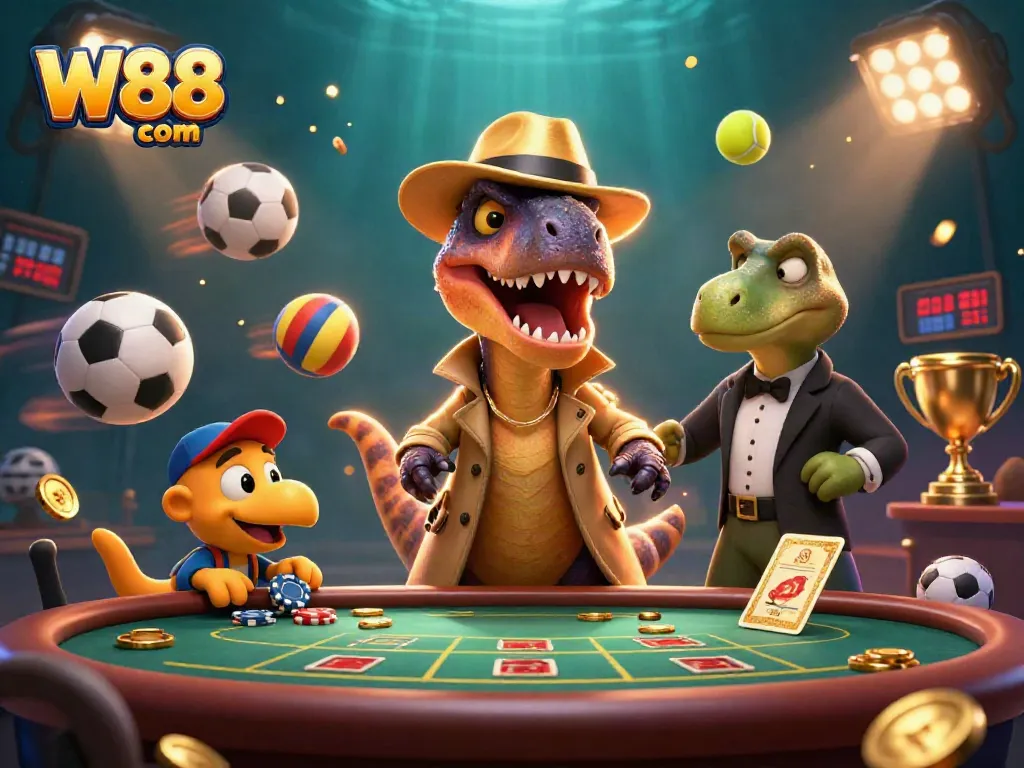 Betters enjoying thrilling games at W88 com with animated characters, sports elements, and bright casino vibes.