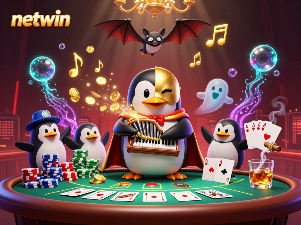 Experience netwin's lively casino atmosphere with a puppet penguin and bat acrobat while playing poker.