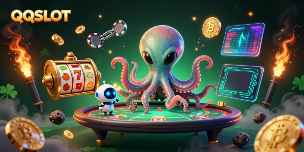 Experience the thrill of QQSLOT at an alien casino with colorful holographic elements and spinning slot reels.