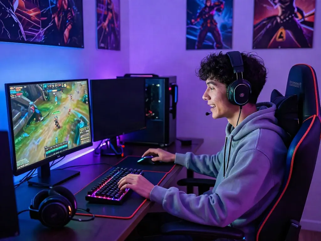 Engaged gamer focused on QQMacan gameplay setup with vibrant accessories.