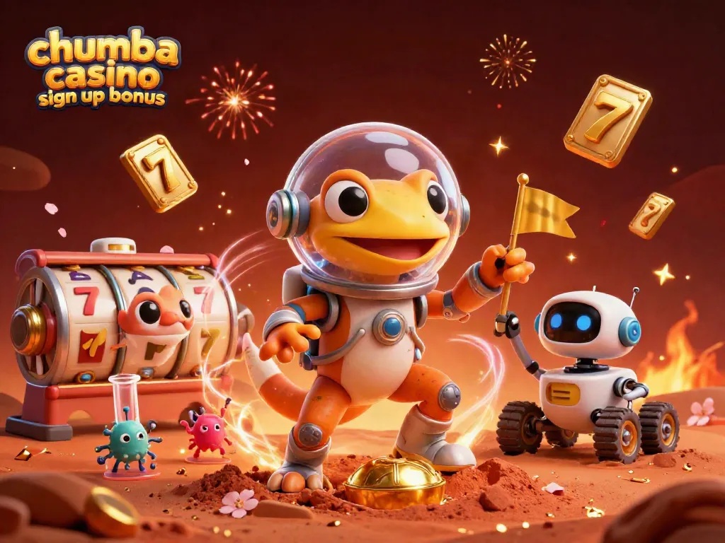 Discover the exciting chumba casino sign up bonus with a Martian gecko and colorful gambling elements.