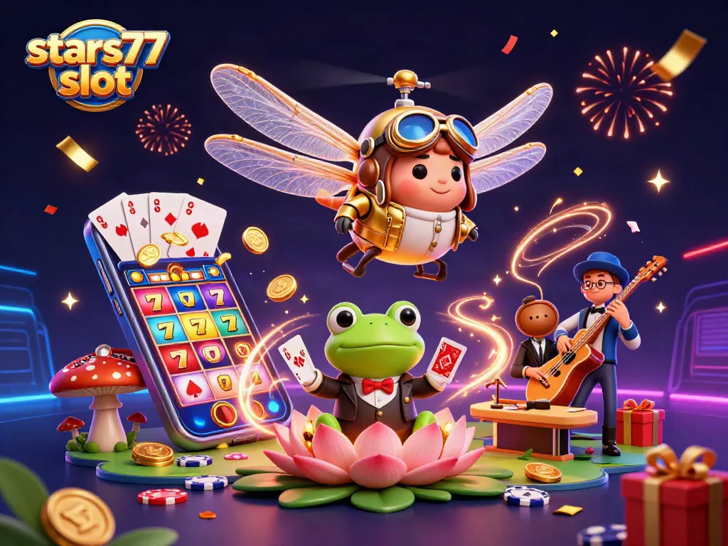 Menghadapi permainan di stars77 slot dengan croupier katak dan musisi jazz, penuh warna dan kegembiraan!