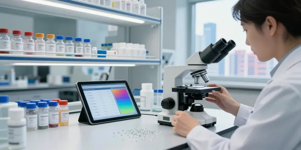 Peptides price list displayed in a modern lab with researchers analyzing samples.