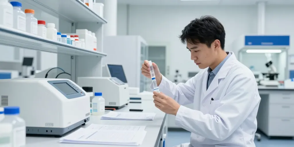 Scientist measuring bacteriostatic water for sale in a modern lab environment.