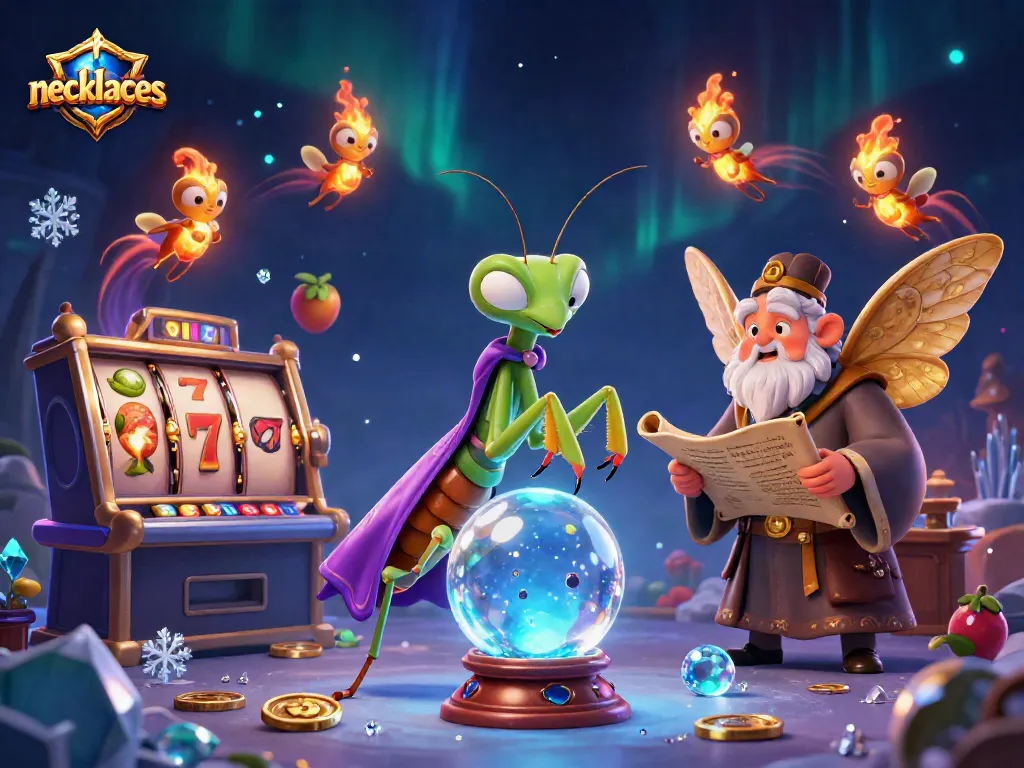 Win big with exquisite necklaces in a lively casino setting featuring mystical elements and slot machines.