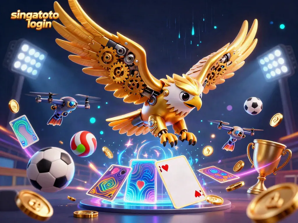 Engage in singatoto login with vibrant casino-themed illustration showcasing a golden eagle and dynamic sports elements.