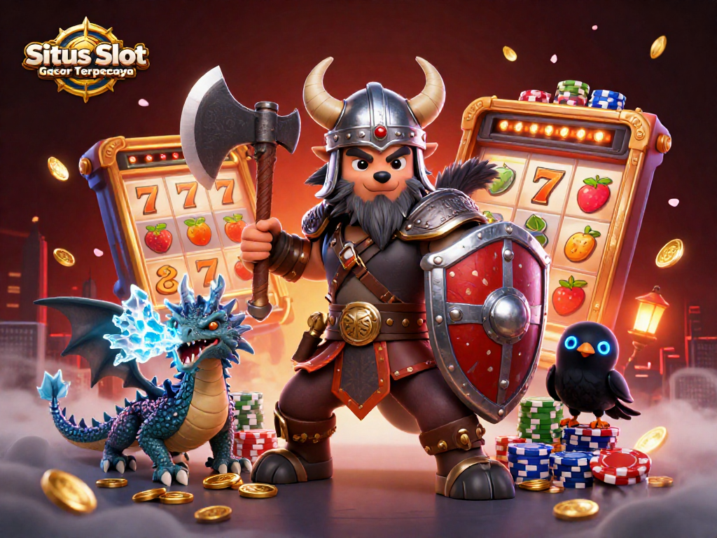 Situs Slot Gacor Terpercaya displays epic slot reels and gaming excitement in a vibrant 3D scene.