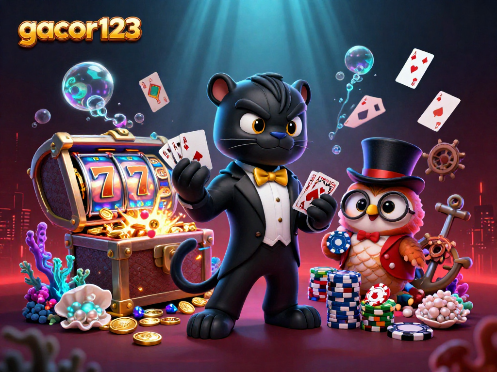 Experience the excitement of gacor123 with a stylish panther, owl, and mouse in a vibrant casino scene.