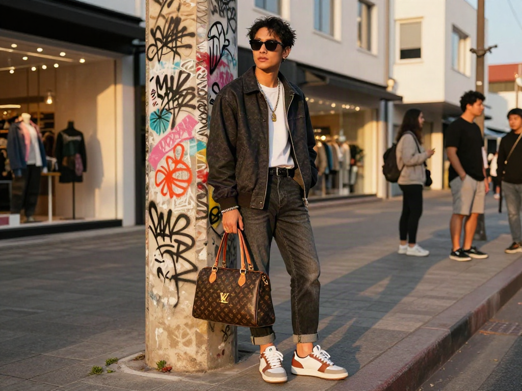 Seorang model menampilkan gaya fashion luxury111 di lingkungan urban yang stylish dan energetik.