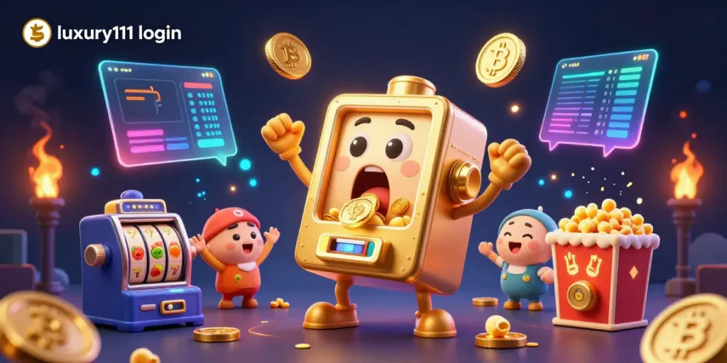 Experience thrilling wins with luxury111 login in this vibrant 3D casino scene featuring joyful slot machines and golden coins.