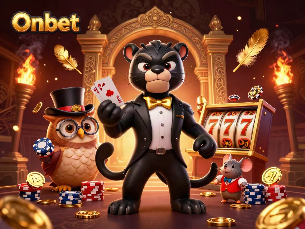 Onbet showcases a stylish panther dealing cards, enhancing the casino atmosphere with colorful slot elements.
