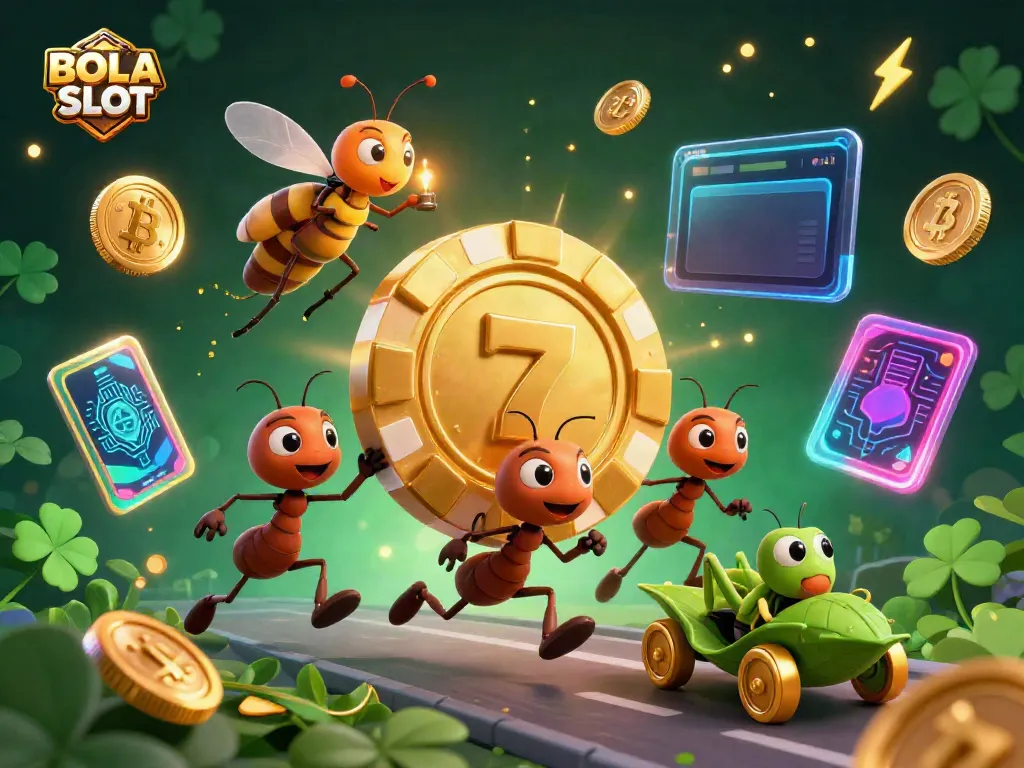 BOLA SLOT features a team of playful ants on a heist, set amidst vibrant slot elements and crypto coins.