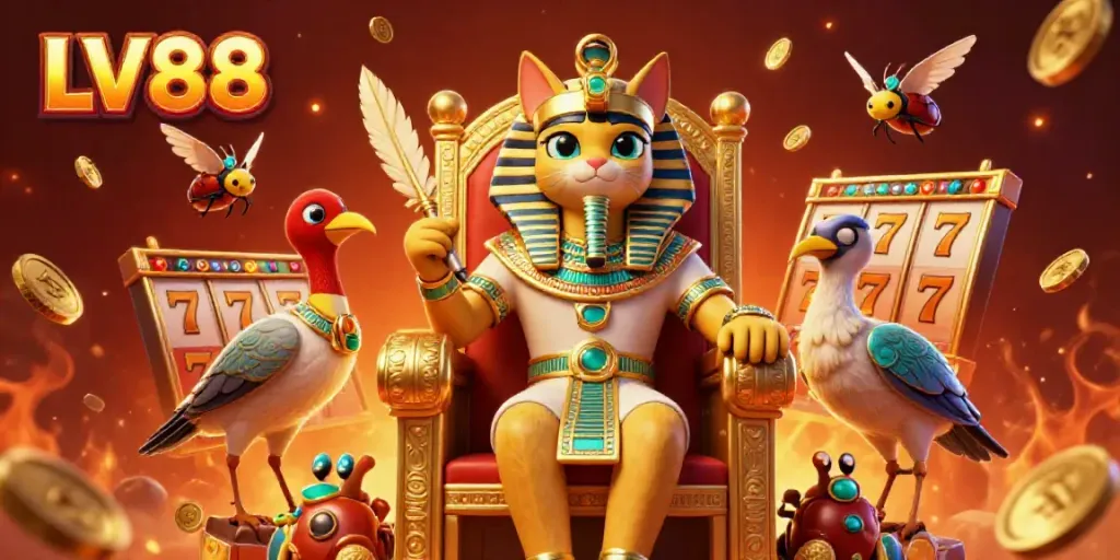 Experience the vibrant world of LV88, featuring a pharaoh cat and ibis scribe in a rich casino scene.