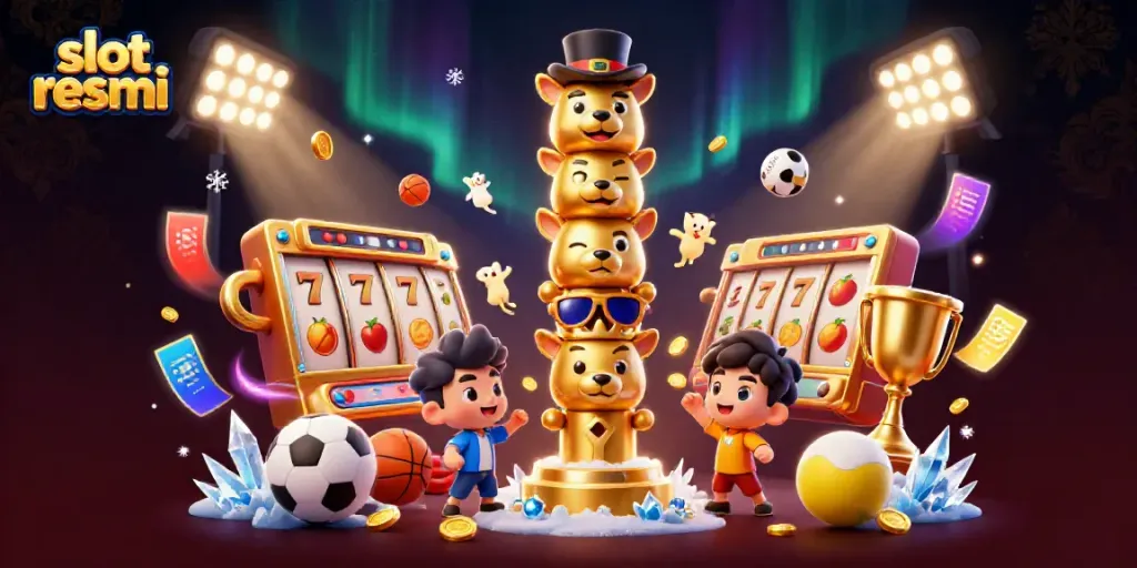 A dynamic illustration showcasing slot resmi with vibrant 3D elements including totem pole and slot reels.