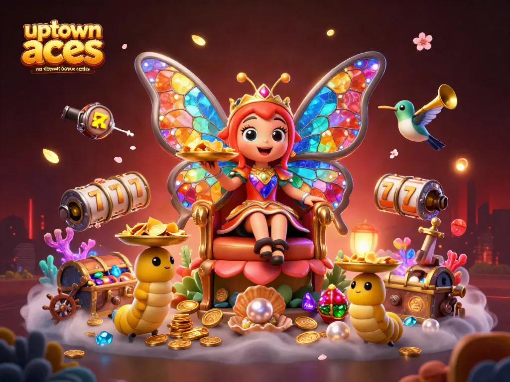 Win big with uptown aces no deposit bonus codes featuring a butterfly queen in a vibrant 3D casino scene.