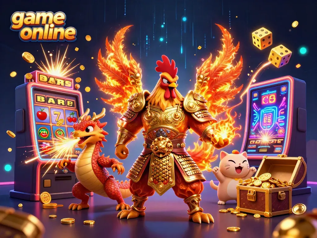 Engage in a thrilling game online adventure featuring a rooster warrior and dragon in 3D art.